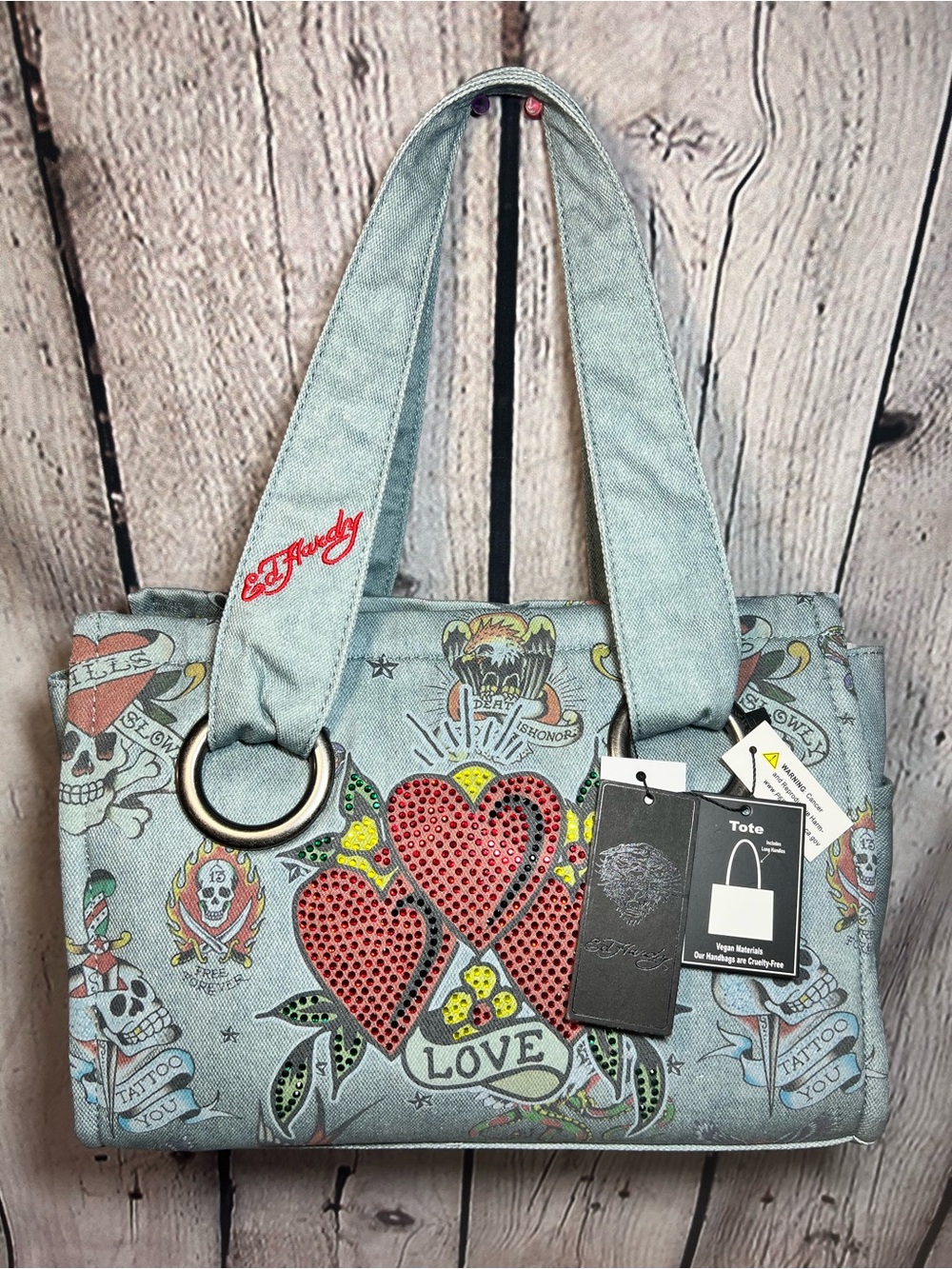 Ed Hardy Light Blue Tote with Red Studded Heart Motif